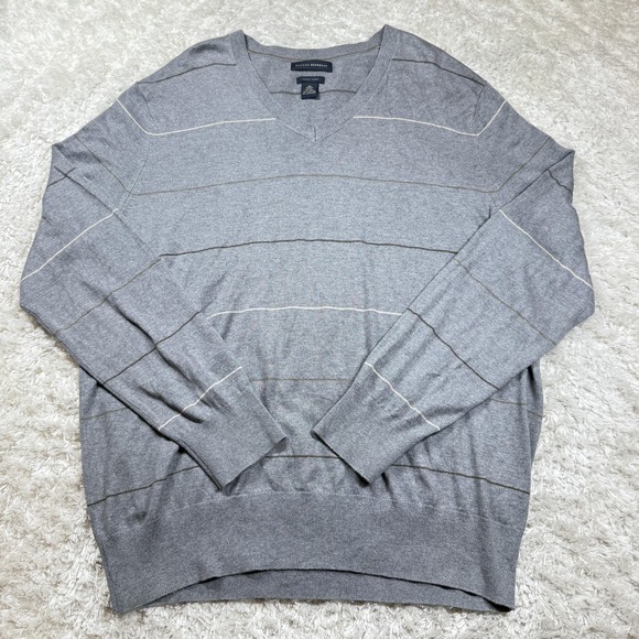 Banana Republic Sweater Men XL Gray Silk Cashmere V Neck Stripe Dress Casual Y2K - Picture 1 of 9